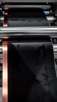 Matte black coated battery electrode foil running over a mirror polished calender roller with a bright copper edge, battery manufacturing close up