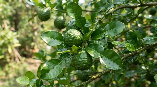 Kaffir Lime Fruit on Branch with Green Leaves, Tropical Citrus for Culinary and Aromatherapy, Fresh Organic Produce