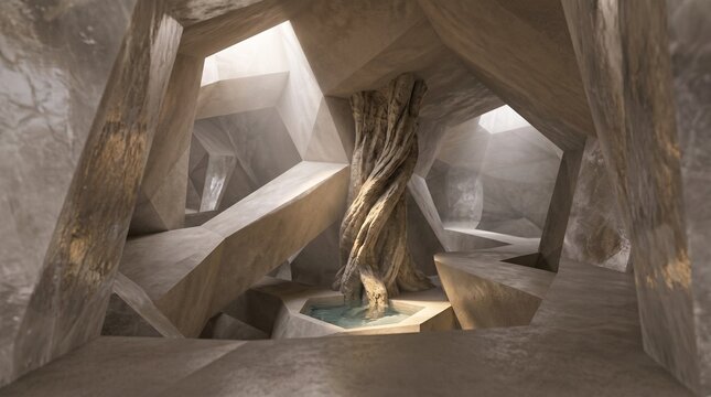 Abstract geometric stone cave interior featuring a twisted tree trunk growing from a hexagonal water pool