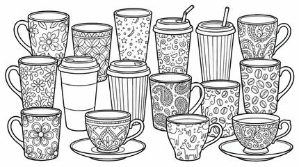 Obraz premium Black and White Vector Illustration of Assorted Coffee Cups and Mugs with Intricate Patterns, Coloring Page Style, Featuring Floral, Paisley, Coffee Bean, and Geometric Designs