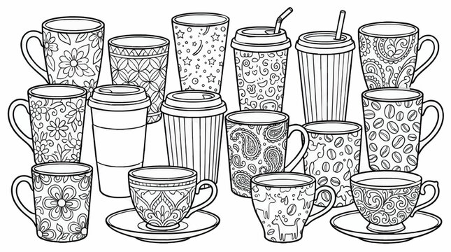 Black and White Vector Illustration of Assorted Coffee Cups and Mugs with Intricate Patterns, Coloring Page Style, Featuring Floral, Paisley, Coffee Bean, and Geometric Designs