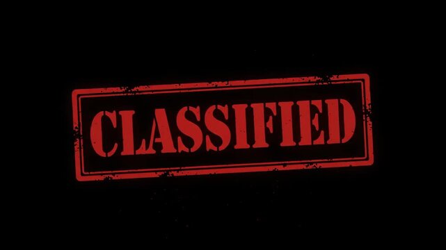 Red rubber stamp slamming on black background leaving a classified imprint with smoke