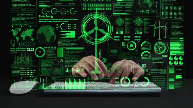 Explore the intersection of technology and renewable energy through a digital interface featuring green energy graphics, data analysis, and sustainability concepts on a keyboard setup. Cipher