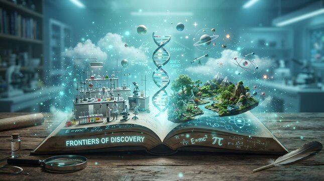 Open book with 3d science elements like dna, nature, and laboratory equipment