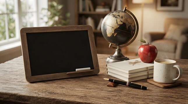 Teacher desk with chalkboard, globe, apple, and books