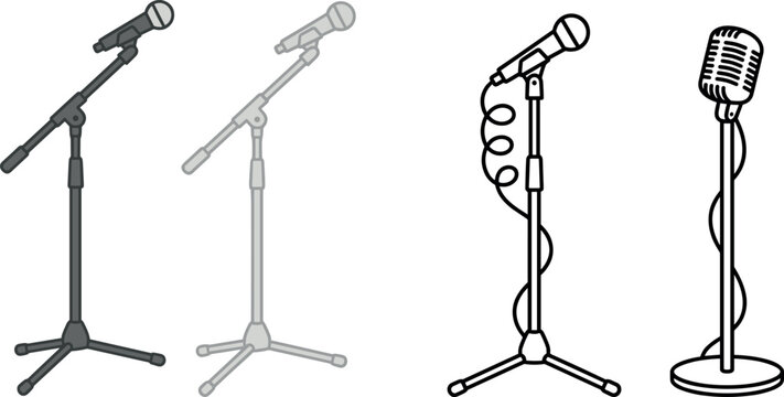 Vector set of four microphone stand illustrations featuring boom arms, cables, and a vintage retro mic design
