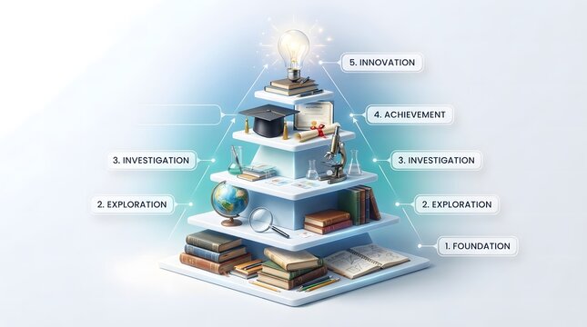 Educational pyramid concept showing levels of learning from foundation to innovation isolated on white background