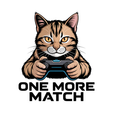 Illustration of a cute tabby cat playing video games isolated on transparent background
