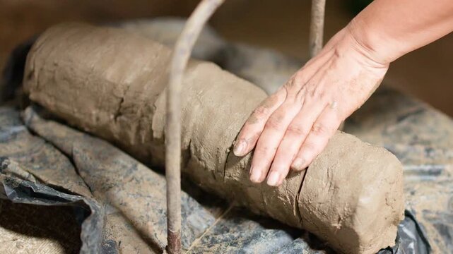 Artisan Hands Cutting Raw Clay Cylinder with Wire Tool