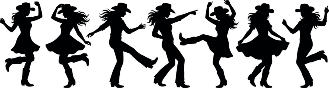 Vector set of seven black silhouettes of cowgirls line dancing in cowboy hats and boots