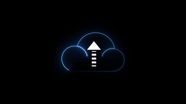 neon cloud upload animation with moving data dots and glowing outline on black background.