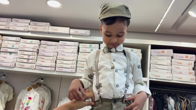 stylish little boy wearing suspenders and cap in childrens fashion store during outfit fitting