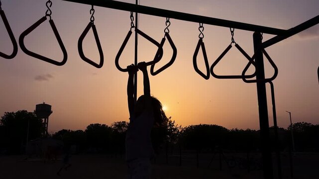 Sunset Silhouette Of Kid Playing On Monkey Bars In Outdoor Recreation Park