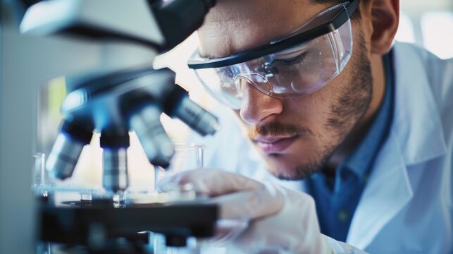 Scientist examining microscope