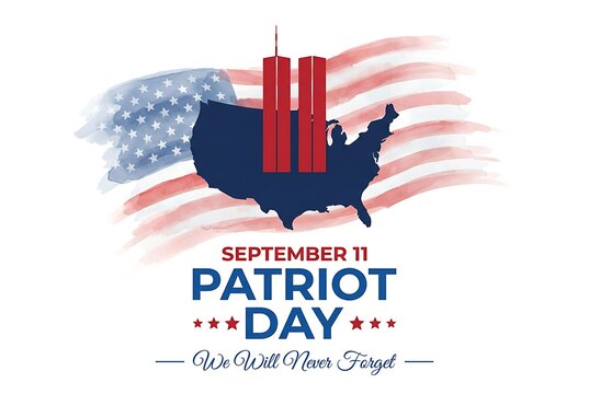 September 11 patriot day remembering 9 11 terrorist attacks american flag silhouette united states map twin towers memorial we will never forget day of service and remembrance.