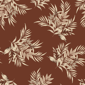 Tropical leaves seamless pattern on muster background