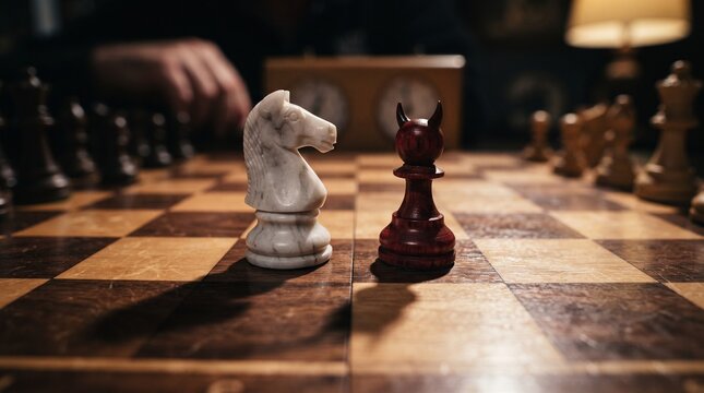 Close up of two chess pieces facing each other on a wooden board with strategy, competition