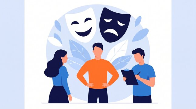 Illustration of man wearing multiple masks representing changing mood and personality with behavior