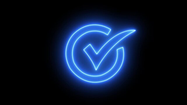 Glowing neon check mark symbol animation: success and approval concept on black background .4k video 