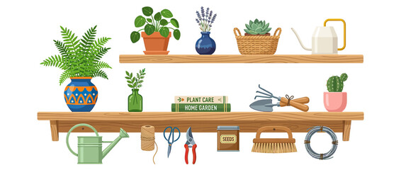 Gardening Supplies and Potted Plants on Shelves © alina
