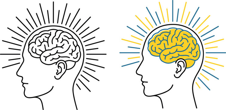 Vector set of two human head profiles with exposed brains and radiating light lines in black and blue-yellow color variations