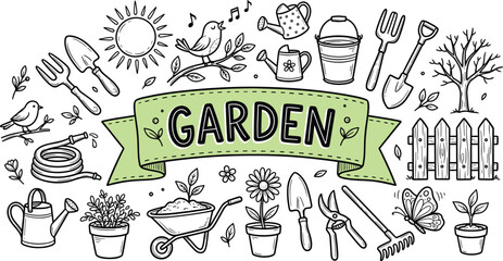 Garden tools banner, shovel rake watering can, spring equipment doodle icon set, nature agriculture line graphic banner © MstSumi