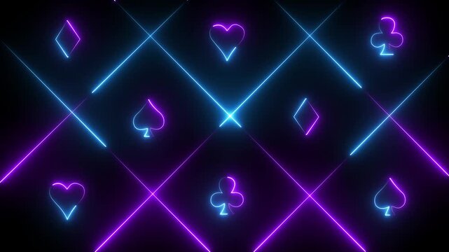 Neon playing card suits background, with glowing geometric lines