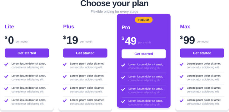 Purple pricing table vector template four plans. SaaS price comparison cards with featured plan, checkmark features and call to action buttons for web and mobile