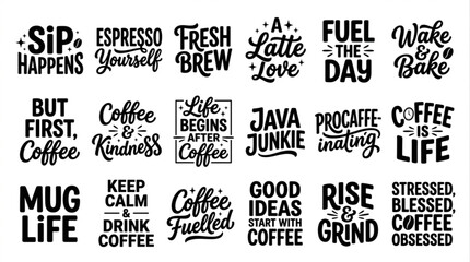 Obraz premium Diverse collection of coffee-themed typographic quotes and lettering designs for beverage enthusiasts and caffeine lovers