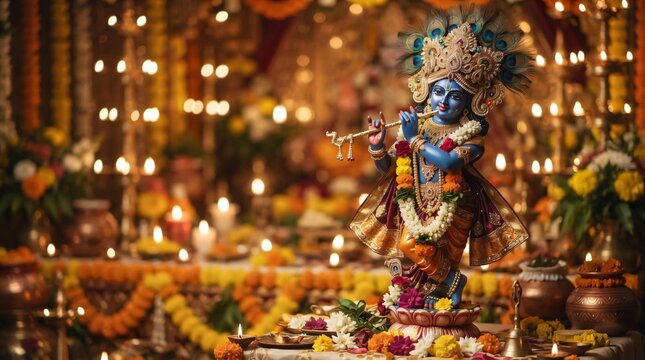 Lord Krishna with copy space for greeting text, Janmashtami and Vishukani concept background