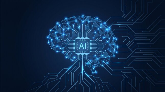 Conceptual artificial intelligence network displaying a glowing human brain formed by connected circuit nodes and integrated processor with artificial intelligence technology processor innovation