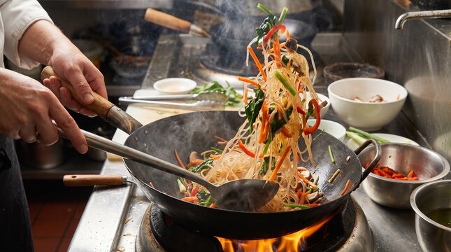 Glass noodles being actively tossed with colorful vegetables in a wok for Japchae, motion blur on the noodles.
