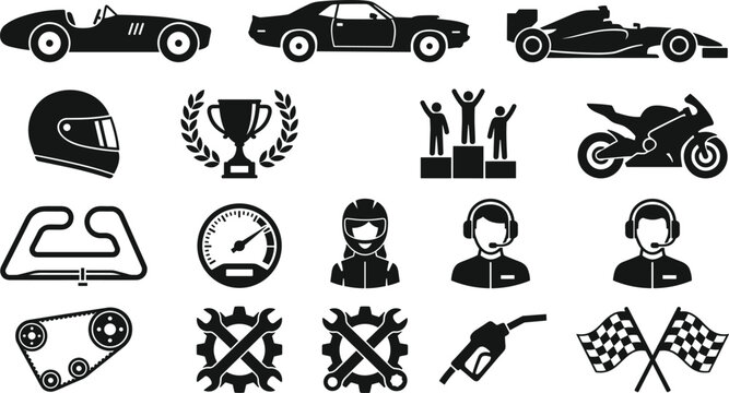 Motorsport and auto racing icons set vector illustration containing race car motorcycle trophy track flag helmet and garage tool elements
