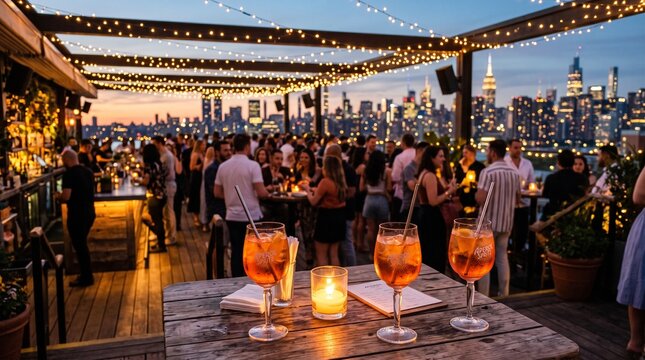 Aperol spritz cocktails on a rooftop bar overlooking the new york skyline