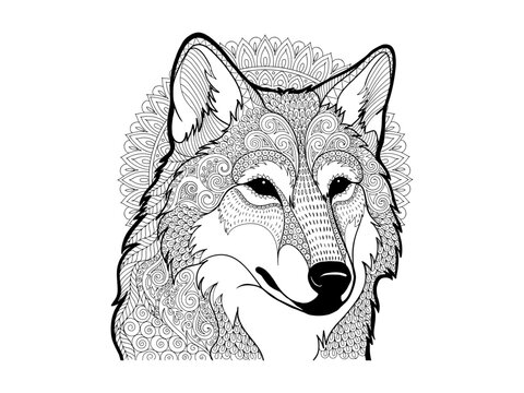 Intricate mandala wolf head vector, ornate zentangle animal coloring page, black and white tribal wolf portrait for adult relaxation and art therapy