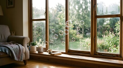 Fototapeta premium Cozy living room with armchair coffee and book by window with floating soap bubbles and garden view