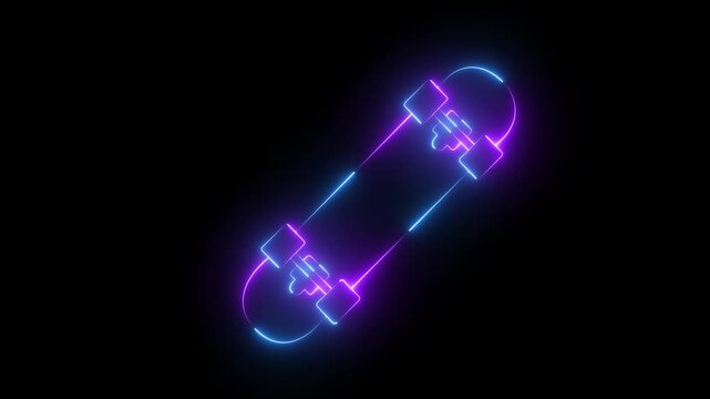 Neon skateboard outline animation glowing blue and purple light trails on black background