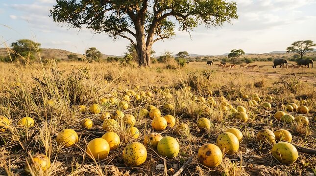 African Savannah Landscape with Scattered Marula Fruits and Elephants in Distance, Natural Wildlife Scene