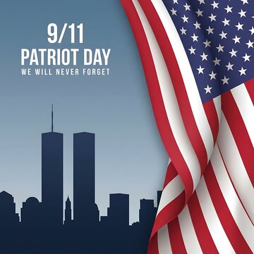Patriot day 9/11 remembrance text with american flag and twin towers silhouette background we will never forget greeting.