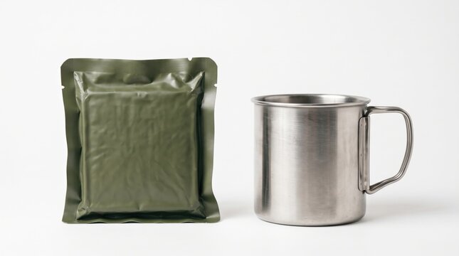 Green vacuum sealed military ration pack and metal camping mug isolated on white background perfect for survival gear catalogs, adventure blogs, and outdoor shop websites
