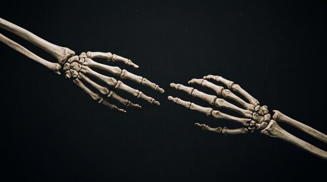 Two skeleton hands reaching towards each other against a dark background