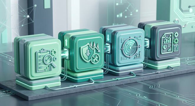 Conveyor of green blocks: privacy, security, fairness, transparency badges; compliant AI by design, ISO/IEC 42001.