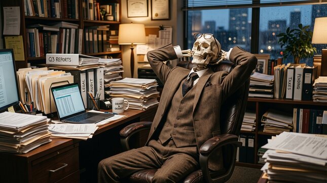 Skeleton businessman relaxing in an office chair with paperwork