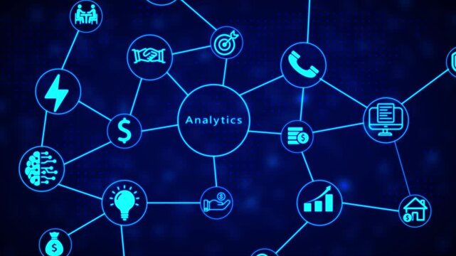 Digital mind map infographic illustrating business analytics concepts with glowing neon blue on a dark dotted background representing data and connections