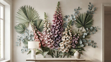 Fototapeta premium Elegant botanical wall mural with large flowers with featuring pink flowers textured floral wall flowers green leaves wallcovering illustration