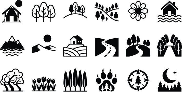 Nature landscape agriculture travel map tracking camping environment and forest wilderness black silhouette icon set graphic vector