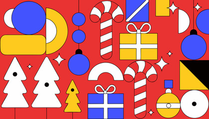 Obraz premium Minimalist holiday pattern featuring festive geometric shapes and vibrant seasonal icons on red backdrop with holiday elements with pattern composed stylized