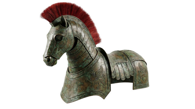 Ancient Roman horse armor with red plume, weathered bronze equestrian helmet, antique gladiator cavalry protection isolated on white
