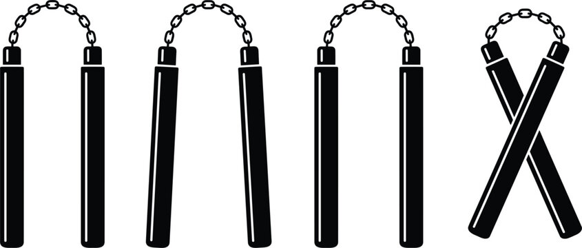 Nunchaku martial arts weapon icon collection featuring ninja nunchucks silhouette set isolated on white background