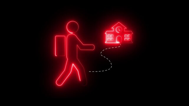 Neon student walking to school animation on black background education